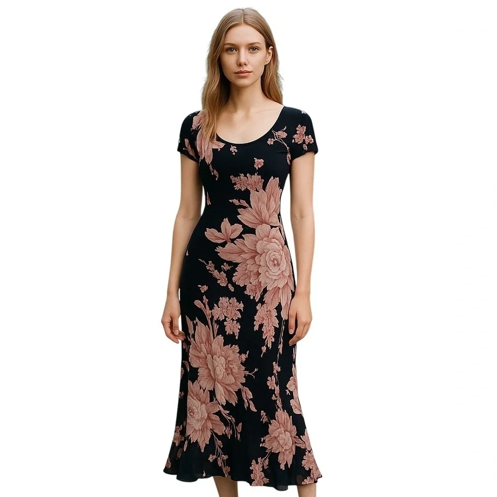 Vintage Y2K Floral Black Flowy Maxi Dress Whimsigoth Resort Formal Evening Bloom - Picture 1 of 15